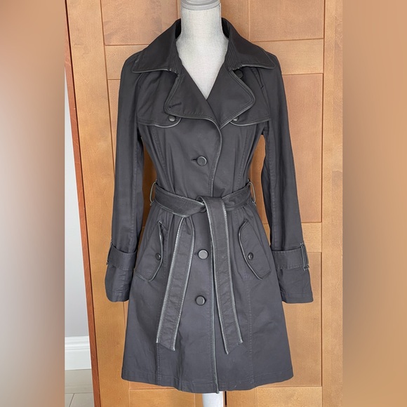 Mackage Jackets & Blazers - MACKAGE Black Cotton Twill with Leather Trim Belted Trench Coat, Large